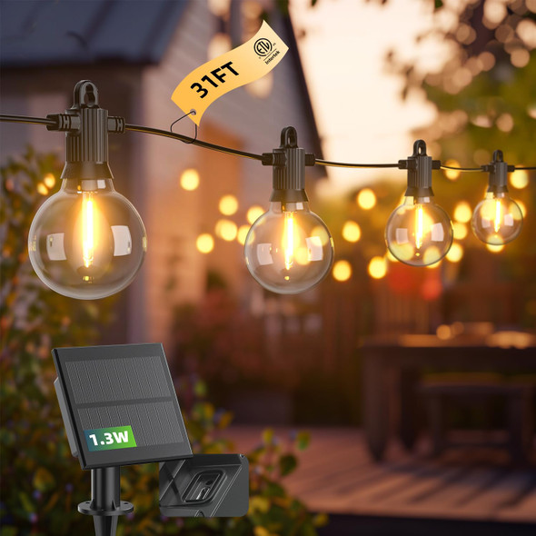 Kawaya Solar-Powered String Lights Outside: 31 FT Outdoor LED Patio Lights with USB-Charging, IP65 Waterproof 15 Shatterproof Edison Bulbs Bistro Lights for Yard Porch Deck Cafe