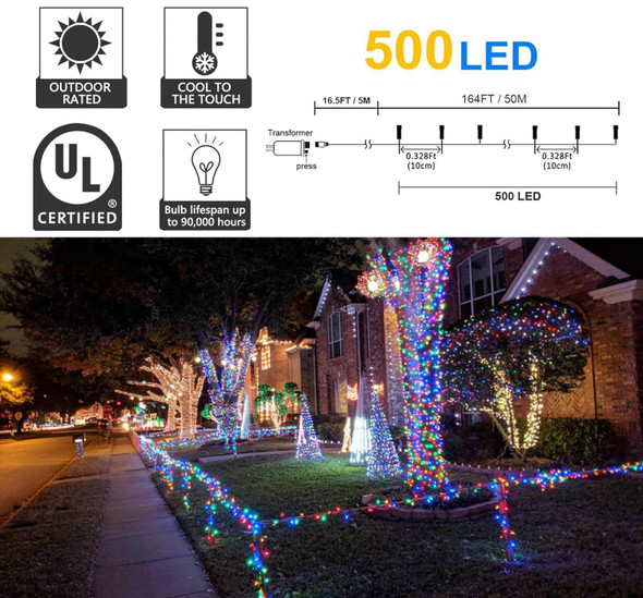 kemooie 500 LED Christmas String Lights, 164FT 8 Lighting Modes with Memory Plug in Waterproof Green Wire Lights, for Outdoor Birthday Christmas Party Garden Balcony Decorations (Multicolored)