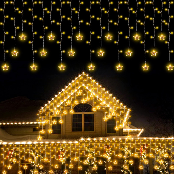 kemooie 150 LED Icicle Christmas Lights with Star, 8 Twinkle Modes Waterproof Icicle Lights Outdoor, 30 Drops Christmas Lights for Indoor Outdoor Balcony Patio Christmas Decorations (Warm White)