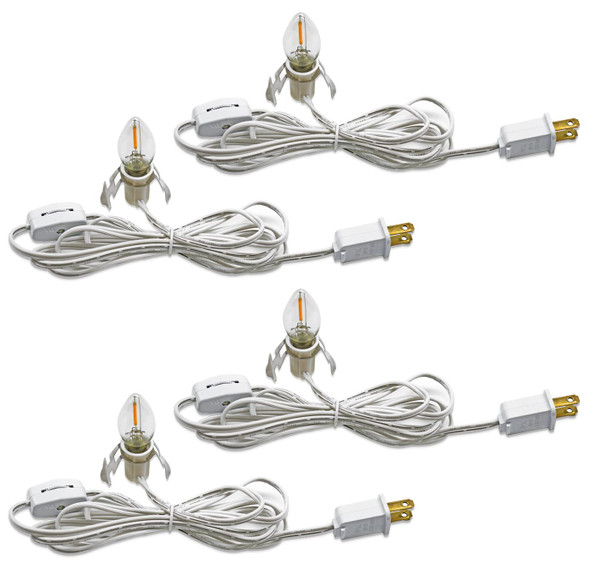 KGC C7 Accessory Cord with 4 C7 Led Light Bulb Candelabra-Base E12 Socket,White Cord with On/Off Switch Plugs for Holiday Decorations, Christmas Village House, Pumpkin Lights 4 Pack