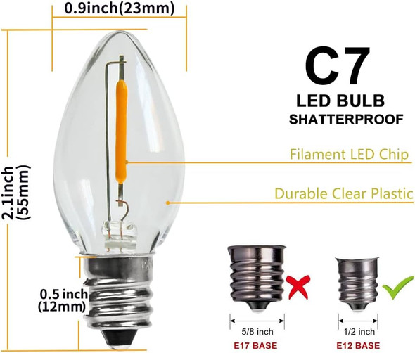 KGC 25Pack C7 LED Christmas Light Bulb, E12 Base Waterproof LED Bulbs for String Light, 0.6W 2200K Warm White 50LM, Clear Plastic Night Lights C7 LED Replacement Bulbs for Christmas String Lights.
