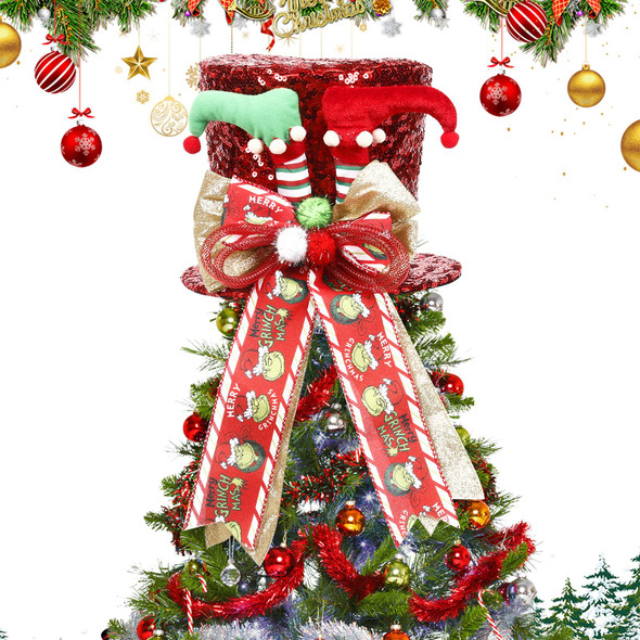 Large Christmas Tree Topper Hat - Red Hat with Elf Legs, Candy Christmas Tree Topper - Perfect for Holiday Decorations, Santa & Grinch Christmas Tree Topper (Red 5)