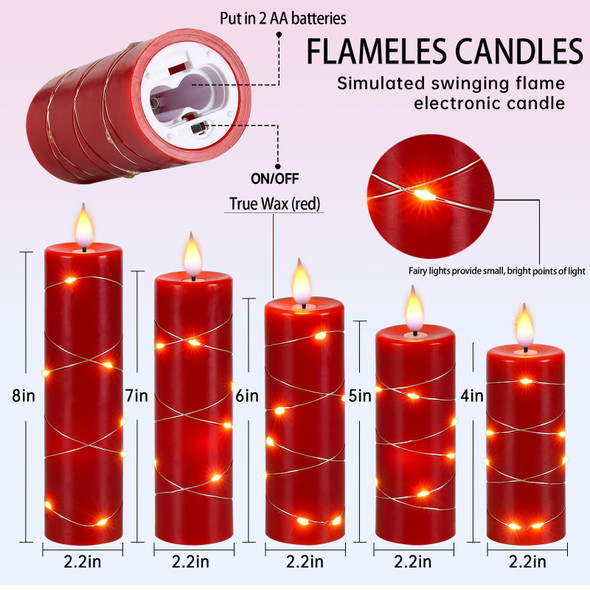 Red Flameless Candle Fairy String Lights, Premium LED Flickering Flame Simulation, LED Candle with Remote & Timed, 5 Cell Battery Powered, Christmas Candle