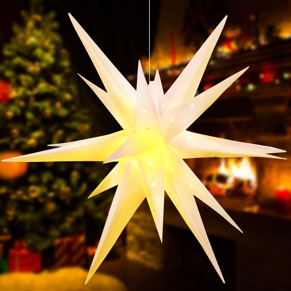 23 Inch Christmas White Moravian Star Light Large Moravian Tree Top 3D LED Hanging Star Light with Timer Function Porch Light Holiday Xmas Tree Decoration for Indoor Outdoor