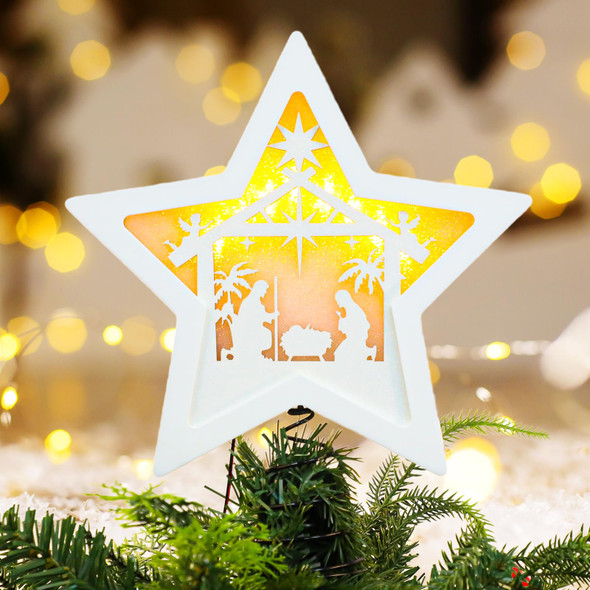 Star Nativity Christmas Tree Topper Lighted, 3D Wooden Star LED Nativity Tree Topper Star of Bethlehem for Christmas Party Decorations Indoor
