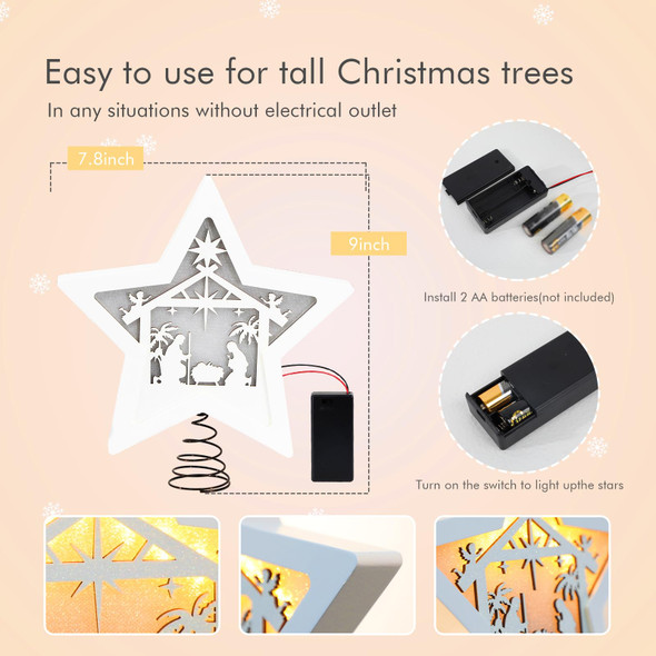 Star Nativity Christmas Tree Topper Lighted, 3D Wooden Star LED Nativity Tree Topper Star of Bethlehem for Christmas Party Decorations Indoor