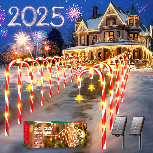 KOOPER Christmas Decorations Outdoor, 24Pack Solar Candy Cane Lights Outdoor Christmas Decorations with 10 Modes, Solar & USB Charging Waterproof Solar Christmas Pathway Lights for Garden Party Patio