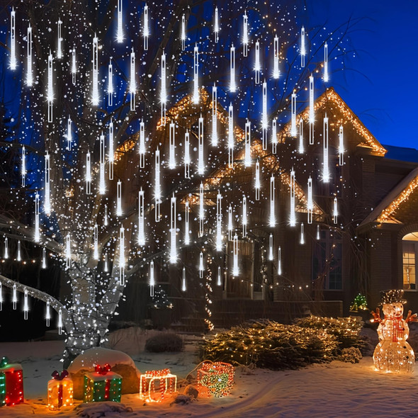 Christmas Lights Outdoor, Meteor Shower Lights Falling Star Lights 12 inch 8 Tubes 144 LED Icicle Snow Falling Raindrop Lights for Xmas Tree Halloween Holiday Party Decoration, UL Plug, White