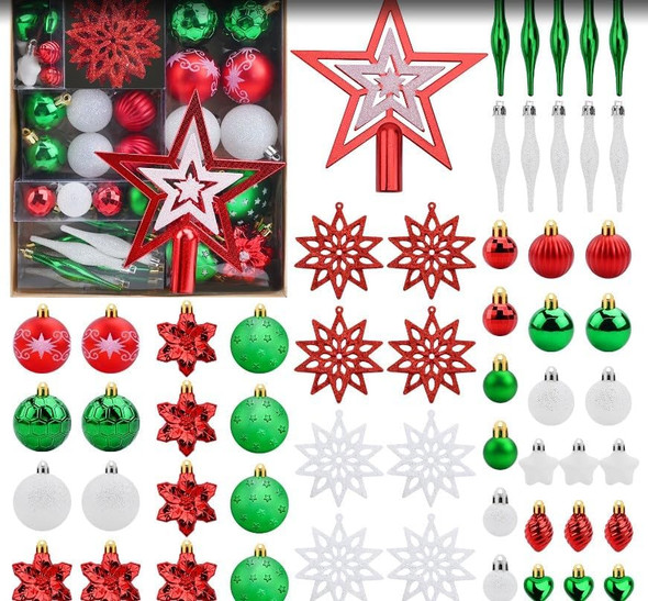58 Pcs Christmas Tree Spherical Ornament Set, Assorted Shatterproof Hanging Tree Ornament Set with Reusable Decoration Hanging Holiday Parties and Home Decor (Red, White and Green).