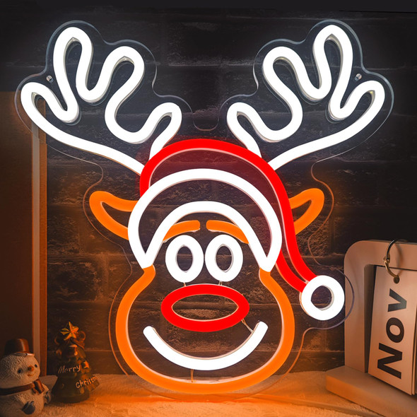 kzjspn Christmas elk neon sign for wall decoration, dimmable LED Christmas neon lights, cute neon lights, suitable for bedroom, children's s, holiday party decorations.