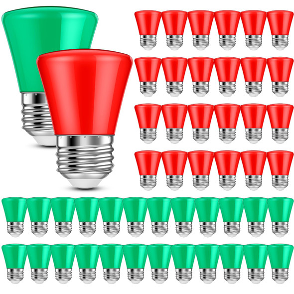 50 Pcs Christmas 2W LED Light Bulbs Replacement Bulbs for Outdoor String Lights E26 Base Plastic Waterproof S14 LED Bulb for Wedding Halloween Patio Party Bar Mood Decor (Red, Green)