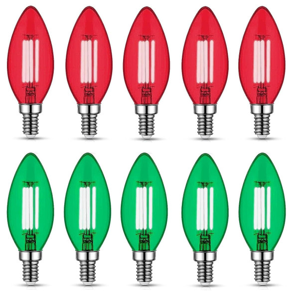 12 Pack Filament E12 Candelabra LED Christmas Light Bulbs 4W 40 Watt Equivalent E12 Candelabra Base Chandelier Bulbs Vintage Halloween Light Bulbs for Party Decoration, Porch, Christmas (Red, Green)