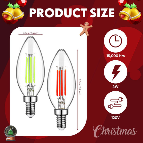 12 Pack Filament E12 Candelabra LED Christmas Light Bulbs 4W 40 Watt Equivalent E12 Candelabra Base Chandelier Bulbs Vintage Halloween Light Bulbs for Party Decoration, Porch, Christmas (Red, Green)