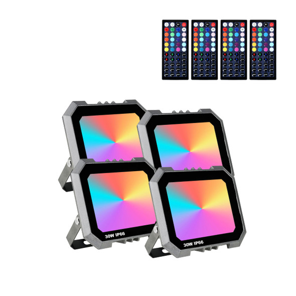 4 Pack RGB LED Flood Light 30W Eqv 300W, Outdoor Flood Lights with 4 Remote, IP66 Waterproof Outdoor Light for Christmas Party Stage Uplight Wall Wash 4 Pack RGB LED Flood Light 30W Eqv 300W, Outdoor Flood Lights with 4 Remote, IP66 Waterproof Outdoor Light for Christmas Party Stage Uplight Wall Wash