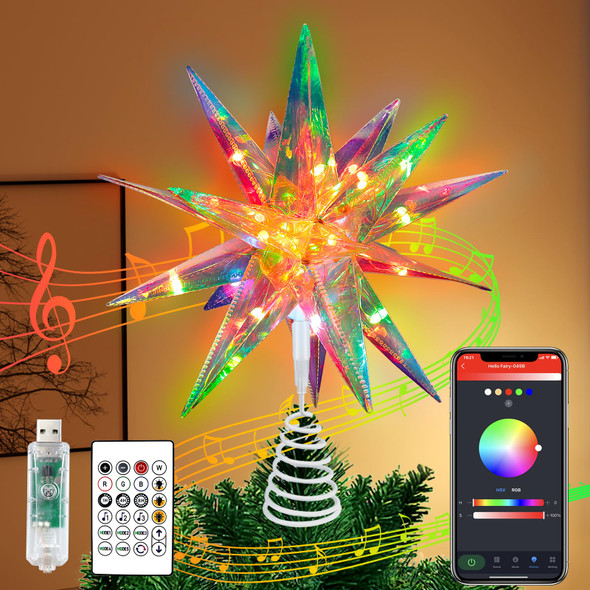 Christmas Tree Topper Star, 3D Moravian Star Tree Topper, Iridescent Christmas Star Tree Topper Powered by USB, App Control LED Smart Christmas Light with Remote for Xmas Tree