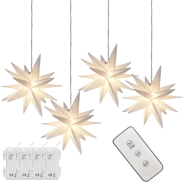 Leejec 9.4" Moravian Star Outdoor Light with Remote Control, Christmas Decorations, Indoor Hanging, Warm White LED Light, Battery Operated with Timer Function, 4-Pack, Tree, Ceiling, Balcony Décor