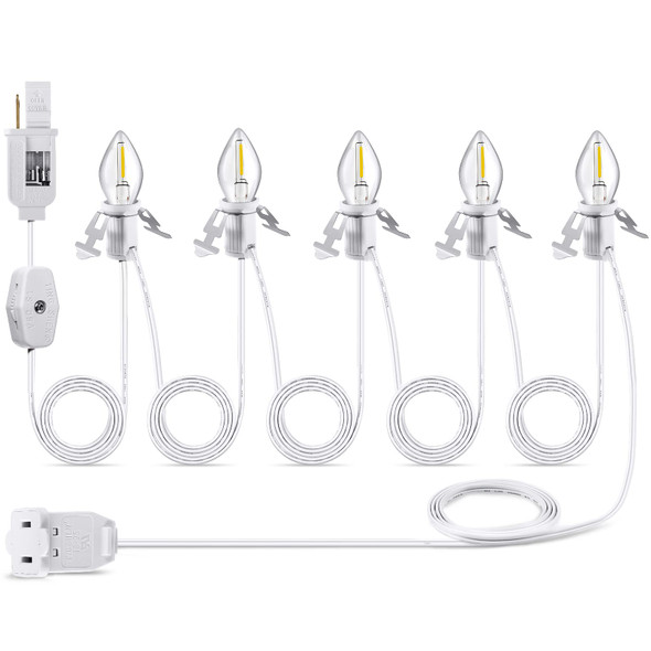Christmas Accessory Cord with 5 LED Light Bulbs, 11.5 Feet White C7 Lamp, On/Off Switch Plug, Spare Fuses, Female/Male Plugs, Blow Mold Light for Village House Craft Decorations(1 Pack)