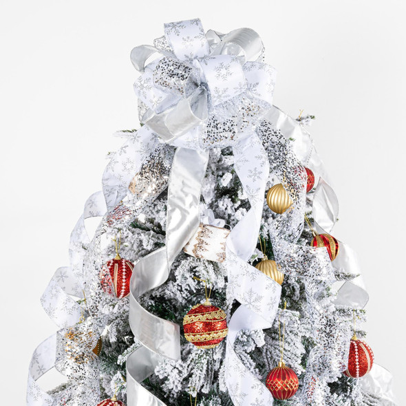 Silver Glitter Christmas Tree Topper Bow 11 inch with 6 Ribbon Tails 3 Yards Elegant Holiday Decoration for Indoor and Outdoor Use Perfect for Family Weddings and Party(Silver Glitter)