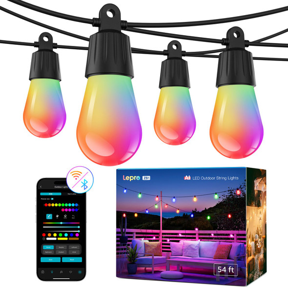 Lepro ZB1 AI Smart Outdoor String Lights APP Control, 54(42+12) ft RGB+IC+Warm White Outdoor Lights 15 LED Bulbs, Alexa Google Enabled, AI Generated Lighting LLM, NO Remote, 2.4 GHz WiFi+Bluetooth Lepro ZB1 AI Smart Outdoor String Lights APP Control, 54(42+12) ft RGB+IC+Warm White Outdoor Lights 15 LED Bulbs, Alexa Google Enabled, AI Generated Lighting LLM, NO Remote, 2.4 GHz WiFi+Bluetooth