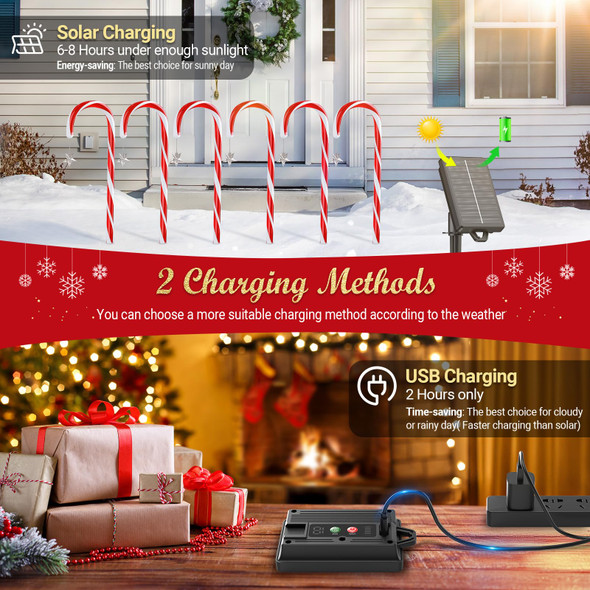 24 Pack Christmas Decorations Outdoor Solar Candy Cane Lights, LETMY Solar & USB Rechargeable Solar Christmas Pathway Lights, 144 LED 10 Modes Waterproof Outdoor Christmas Decorations for Yard Pathway