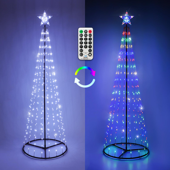 9 ft Lighted Outdoor Christmas Tree, 444 LEDs Pre-lit Christmas Cone Tree with 11 Lighting Modes Timer Remote Control for Indoor Outdoor Xmas Decorations (Cool White/Multicolor)