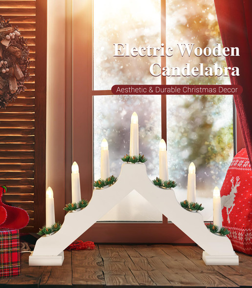 Lewondr Christmas Swedish Candelabra, Electric Candles with 7 Flameless Taper Candles, USB Powered Wooden Candle Bridge Light with Pine Needles, Decorative Xmas Candle Lights for Windows Wedding,White