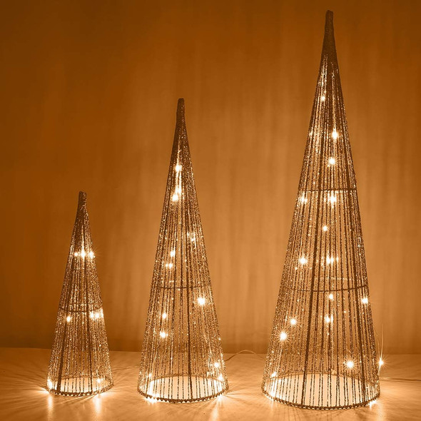 Lewondr Christmas Cone Trees, Set of 3 Christmas Tree with Lights and Glitters(24"/18"/12"), Battery Powered Decorative Straightened Thread Christmas Tree for Home Holiday Xmas Décor, Champagne Gold