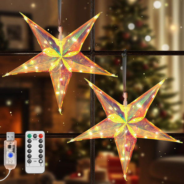 Lewondr 13" 2 Pack Star Outdoor Lights,Warm White Hanging Star Light Indoor with 6H Timer Function,8 Light Modes,Remote Control,USB Powered Lighted Tree Topper for Home Porch Patio Fireplac