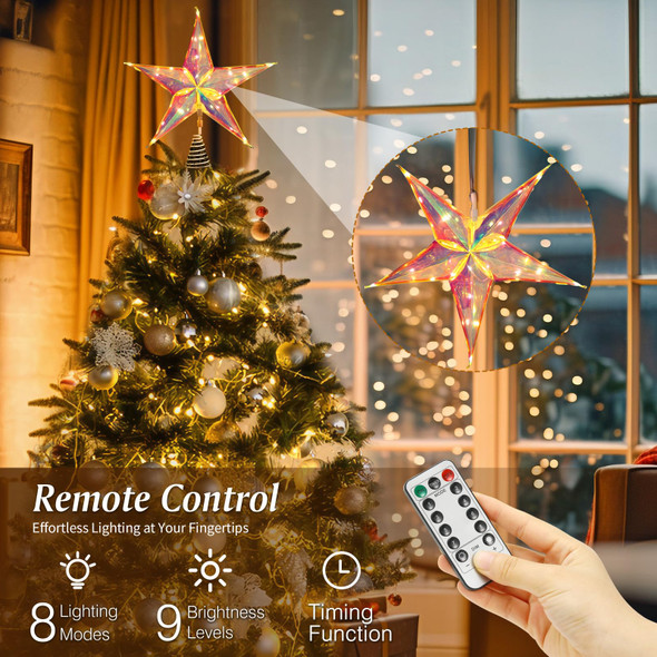 Lewondr 13" 2 Pack Star Outdoor Lights,Warm White Hanging Star Light Indoor with 6H Timer Function,8 Light Modes,Remote Control,USB Powered Lighted Tree Topper for Home Porch Patio Fireplac