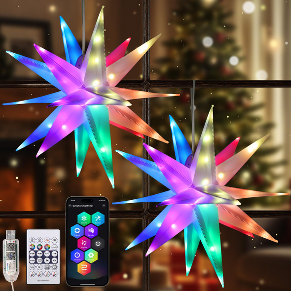 Lewondr 17.7" 2 Pack Moravian Star Outdoor Lights,Multicolor 3D Hanging Star Light with Smart APP Remote Control & Timer,USB Powered Moravian Star Tree Topper Christmas Decor for Holiday Party Porch