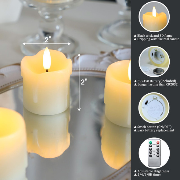 Lezonic Flameless Votive Candles Battery Operated with Remote and Timer, Pack of 6 (D:2" X H:2") LED Ivory White Long Lasting Flickering Wax Candles with Realistic 3D Flame