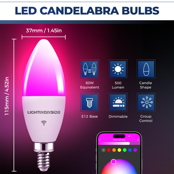 Smart Candelabra LED Bulbs 60 Watt Equivalent, 500LM 6W, E12 LED Bulb Compatible with Alexa/Google Assistant/Smart Life, RGBCW Candle, No Hub Required, 2.4G WiFi Only, ETL Listed, 4PCS