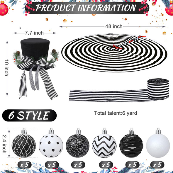 Liliful 33 Pcs Christmas Tree Decoration Set Striped Christmas Tree Skirt Christmas Tree Topper Hat with Bows White and Black Christmas Balls Xmas Ribbons for Xmas Holiday Wedding Party Decorations