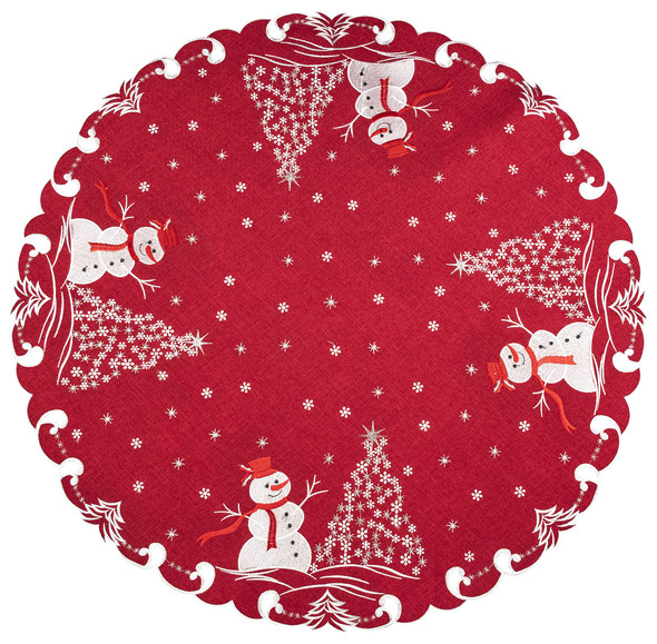 Beautifully Elegant Silver Star Topped Trees and Snowman on Red Linen Doily, Table Topper, Small Tablecloth, Table Centerpiece (34 Inch Round)