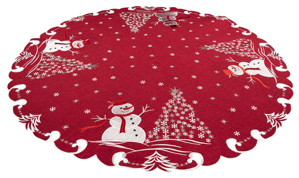 Beautifully Elegant Silver Star Topped Trees and Snowman on Red Linen Doily, Table Topper, Small Tablecloth, Table Centerpiece (34 Inch Round)
