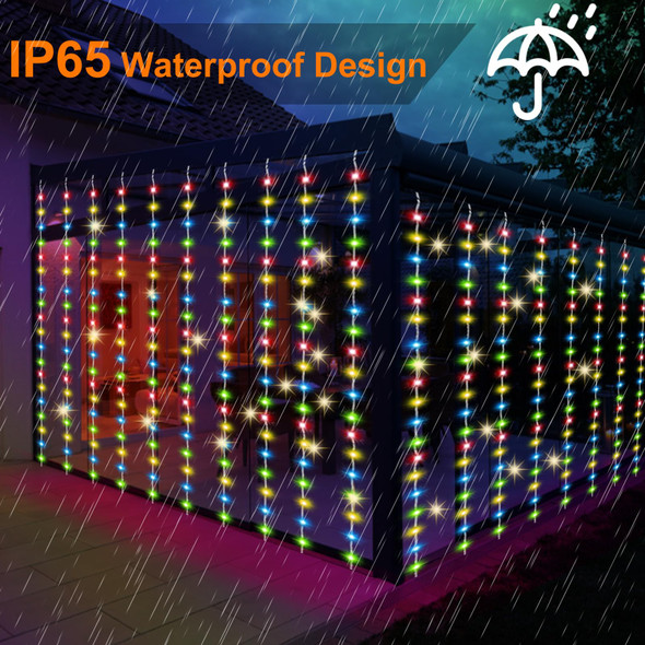 300 LED Solar Curtain Light Outdoor Remote Control 8 Lighting Modes Fairy Lights, IP65 Waterproof Copper Wire Lights for Christmas Party Wedding Home Bedroom Garden Wall Decorations (Colorful)