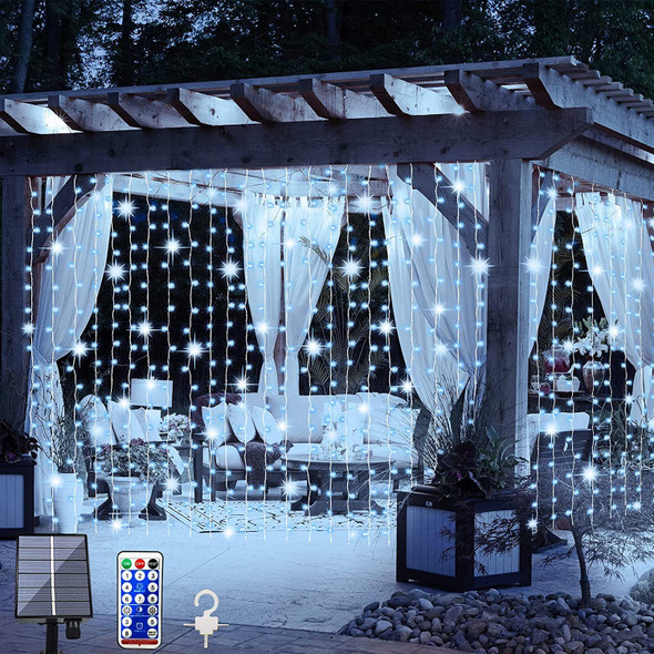 d Solar Curtain Lights Remote Control, Outdoor Garden Lights 300 LED 8 Modes Waterproof Solar Waterfall Fairy String Lights Decoration for Christmas Patio Garden Party Wedding (Cool White)