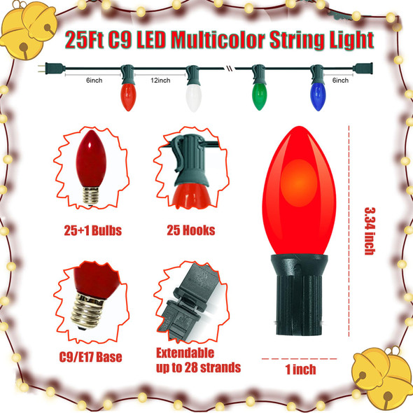 Vintage C9 LED Christmas Lights Outdoor, 25 Feet C9 Multicolor Christmas String Lights with 26 LED Bulbs for Indoor Christmas Tree Roofline Holiday Party Garden Patio Backyard Cafe Xmas Decoration Vintage C9 LED Christmas Lights Outdoor, 25 Feet C9 Multicolor Christmas String Lights with 26 LED Bulbs for Indoor Christmas Tree Roofline Holiday Party Garden Patio Backyard Cafe Xmas Decoration