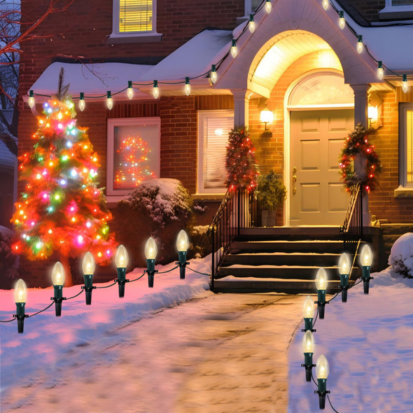 C9 Christmas Pathway Lights Outdoor, 38Ft 25 C9 Incandescent Warm White Pathway Marker Stakes Lights, Christmas Yard Decorations Outdoor Lights Waterproof for Walkway Lawn Sidewalk Driveway Holiday