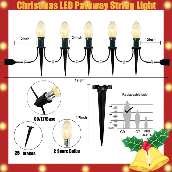 C9 Christmas Pathway Lights Outdoor, 38Ft 25 C9 Incandescent Warm White Pathway Marker Stakes Lights, Christmas Yard Decorations Outdoor Lights Waterproof for Walkway Lawn Sidewalk Driveway Holiday