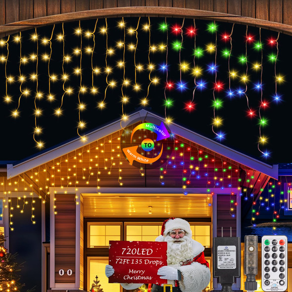 720LED Christmas Lights Outdoor, 70FT Icicle Lights for Outside Christmas Decorations with 135 Drops, LED Christmas Lights with Remote, Color Changing String Lights for Outdoor Indoor Decor (Timer)