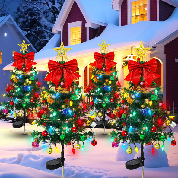 LOMOHOO 4 Packs Solar Christmas Tree 35.8in Outdoor Prelit Lighted Christmas Tree 2 Flashing Modes Solar Xmas Trees with 80 LED Lights for Holiday Porch Yard Garden Patio Cemetery Pathway