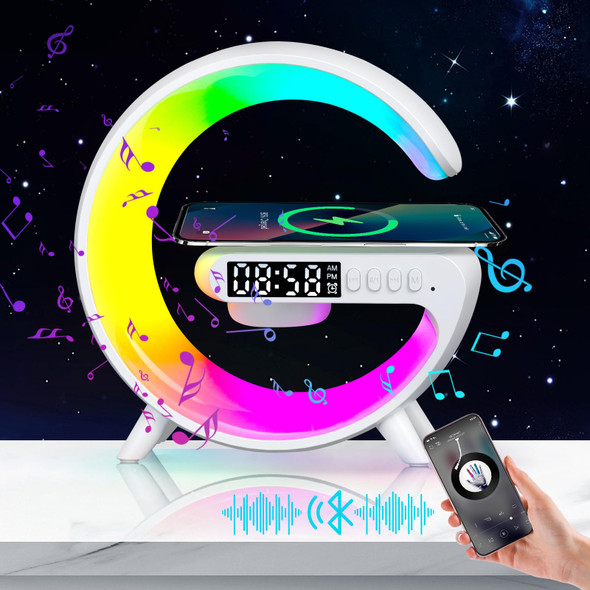 Longzhuo LED Table Lamp with Wireless Charger Atmosphere Lamp Bluetooth Speaker Alarm Clock Night Light for Bedside Dorm Office, Kids Adults Desk Table Lamp Christmas Home Decor (White)