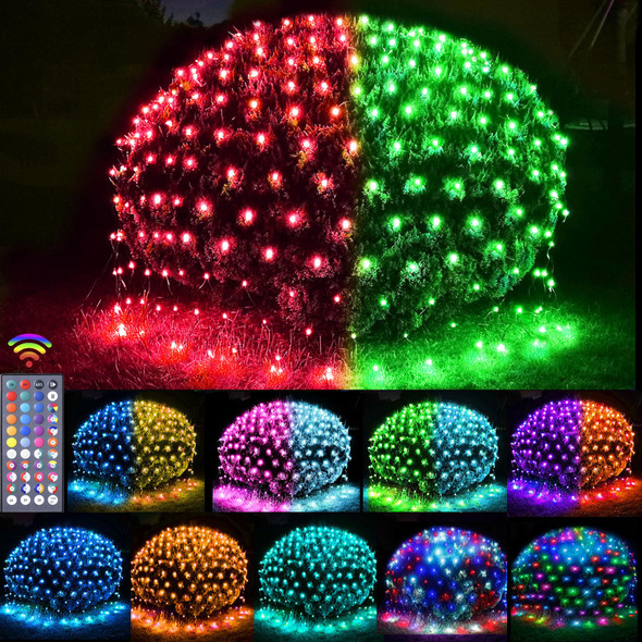240 LED Net Lights, 34 Colors Changing Christmas Net Lights Outdoor Clear Wire, 14.8ft x 5ft Connectable Multicolored Mesh String Lights for Bushes Christmas Halloween Holiday Wedding Party Decor