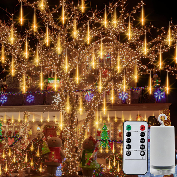 Christmas Meteor Shower Lights Battery Powered, Waterproof 192 LED Icicle Snow Falling Lights with Remote Timer Raindrop Lights for Tree Yard Patio Christmas Party Outdoor Decor(Warm White)