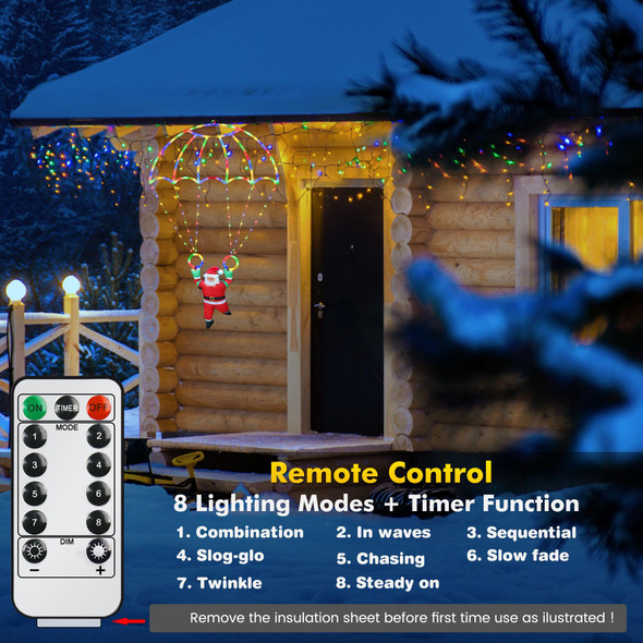 Christmas Decorations Lights Outdoor, 2.8ft LED Christmas Parachute Lights with Santa Claus, 8 Modes & Timer Battery Operated Hanging Xmas Lights for Roof Eave Balcony Home Garden Decor (Multicolor)