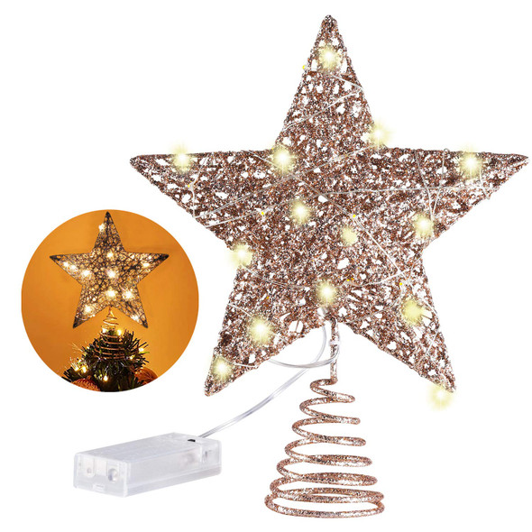 MAIAGO 10 Inches Christmas Tree Topper with 20 LED Lights, Rose Gold Glittered Metal Christmas Tree Decorations for Home Party Holiday Winter Xmas Decorations, Warm White