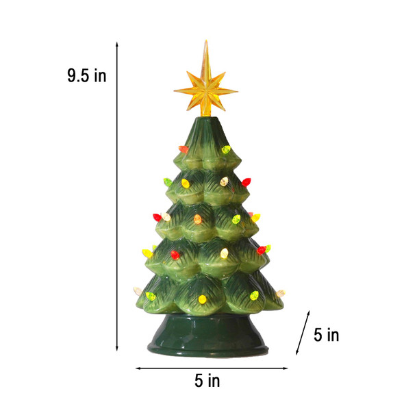 man House Studio Prelit Ceramic Christmas Tree Decorations - Artificial Christmas Tree with 33 Multicolor Lights 9.5H inches Merry Timer Function LED Light Up by Battery Tree Topper
