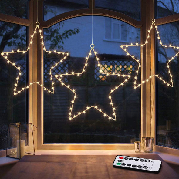 MAOYUE Window Lights 3 Pack Christmas Window Star Lights with Timer Battery Operated Christmas Decorations 8 Lighting Modes with 3 Remote Controls for Outdoor, Indoor, Porch, Party, Warm White