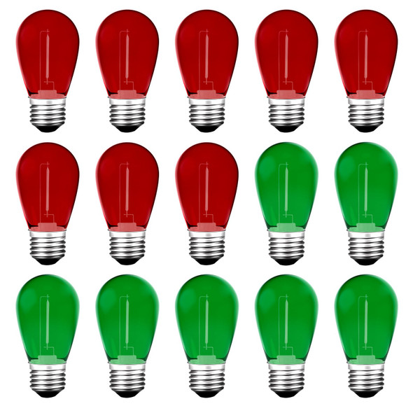 Meconard S14 Colored LED String Light Bulbs,1 Watt Plastic Shatterproof Waterproof Outdoor Indoor Replacement Bulbs for Home Decor, E26 Medium Base, Red Green Light Bulbs, 15Pack